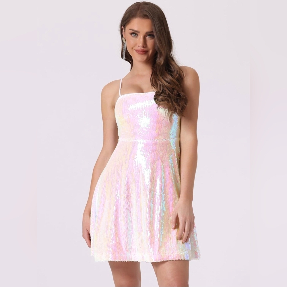 Allegra K Women Sequin Mini Dresses Party Club Adjustable Spaghetti Strap Festiv